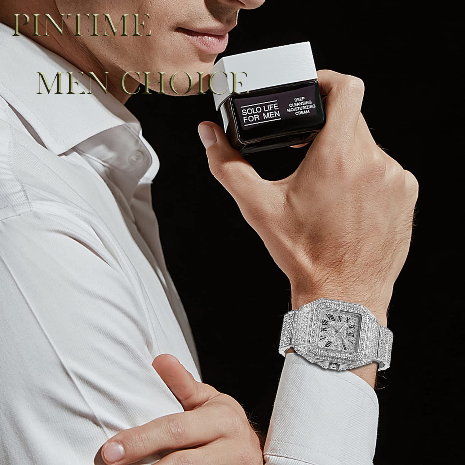 PINTIME Herren-Armbanduhr, 43 mm, großes Zifferblatt, luxuriös, quadratische Kristall-Uhren, modisch, Hip-Hop-Schmuck, Uhr für Herren