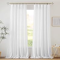 RYB HOME White Curtains & Drapes - Linen Textured Semi Sheer Curtains Privacy Panels for Living Room Bedroom Dining Bathroom Farmhouse Large Bay Window Decor, W 70 x L 95, 2 Pcs