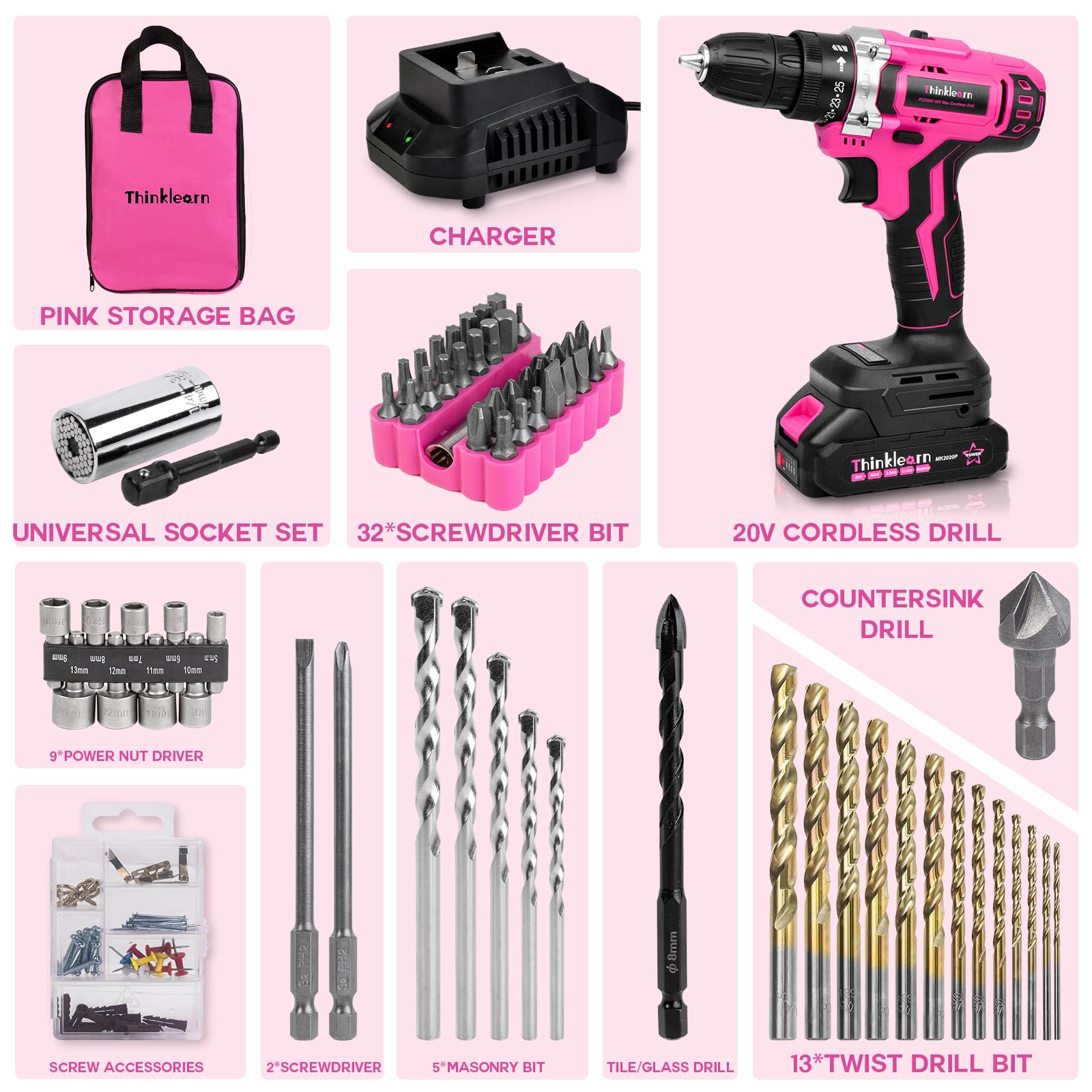 Pink Cordless Drill Set, 20V Lithium-ion Power Drill Set for Women with 67Pcs Drill Driver Bits, 3/8