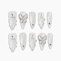 Sun&Beam Nails Handmade Press-on Medium Long Amlond White Silver Mermaid Rhinestone Butterfly Design False Nail Tips 10 Pcs (#020 M)