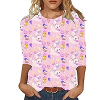 Womens 3/4 Sleeve T Shirts Happy Easter Shirts Cute Bunny and Eggs Print Graphic Tees Casual Loose Crewneck Tops Blouses