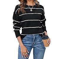 Women's Round Neck Striped Sweater Pullover Casual Crewneck Striped Shirts Sweaters Lightweight Long Sleeve Knit