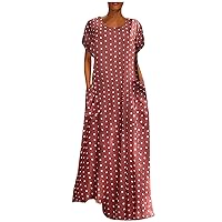 Womens Casual Loose Long Dress Summer Short Sleeve Polka Dot Maxi Dresses Crew Neck Plus Size Boho Dress with Pockets