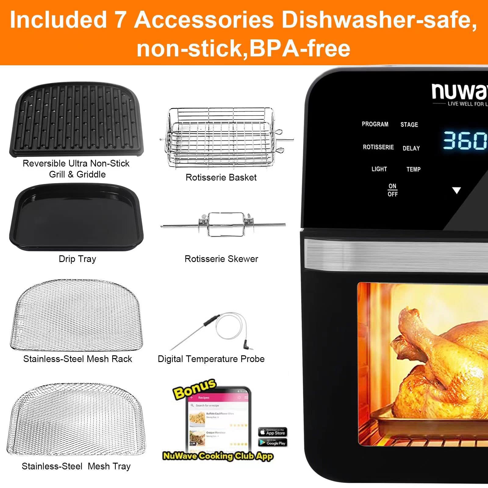 Nuwave Brio 15.5Qt Air Fryer Rotisserie Oven, X-Large Family Size, Powerful 1800W, 4 Rack Positions, 50°-425°F Temp Controls, 100 Presets & 50 Memory, Integrated Smart Thermometer, Linear T Technology