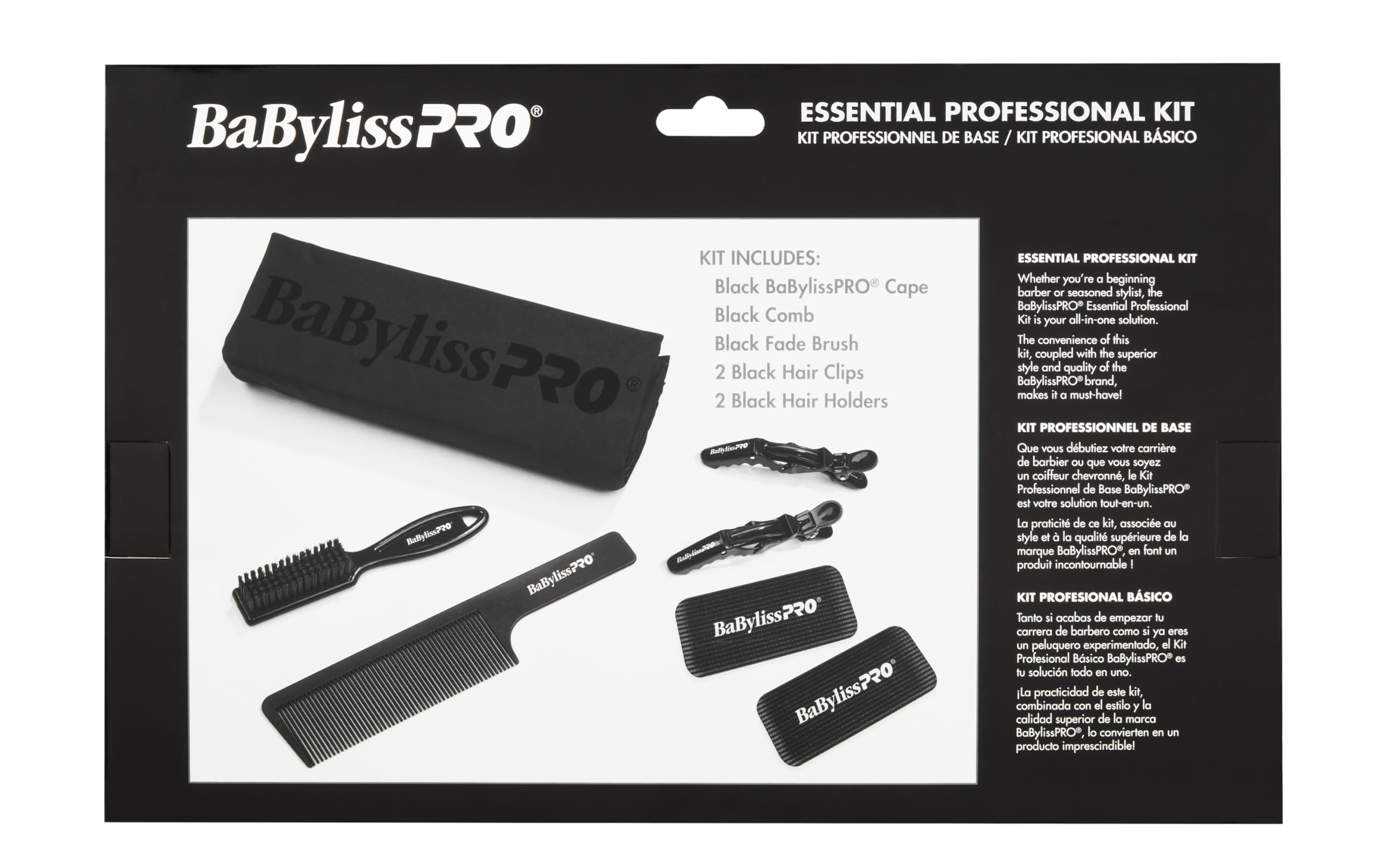BaBylissPro Essential Professional Kit - barber cape, comb, fade brush, hair clips, and hair holders