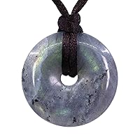 Semi Precious Gemstones 30mm Circle Coin Peace Donut Beads Adjustable Braided Rope Pendant Necklace