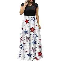 Women's 4Th of July Dress Fashion Casual Print Round Neck Short Sleeves Oversized Maxi Dress for 2024, S-3XL