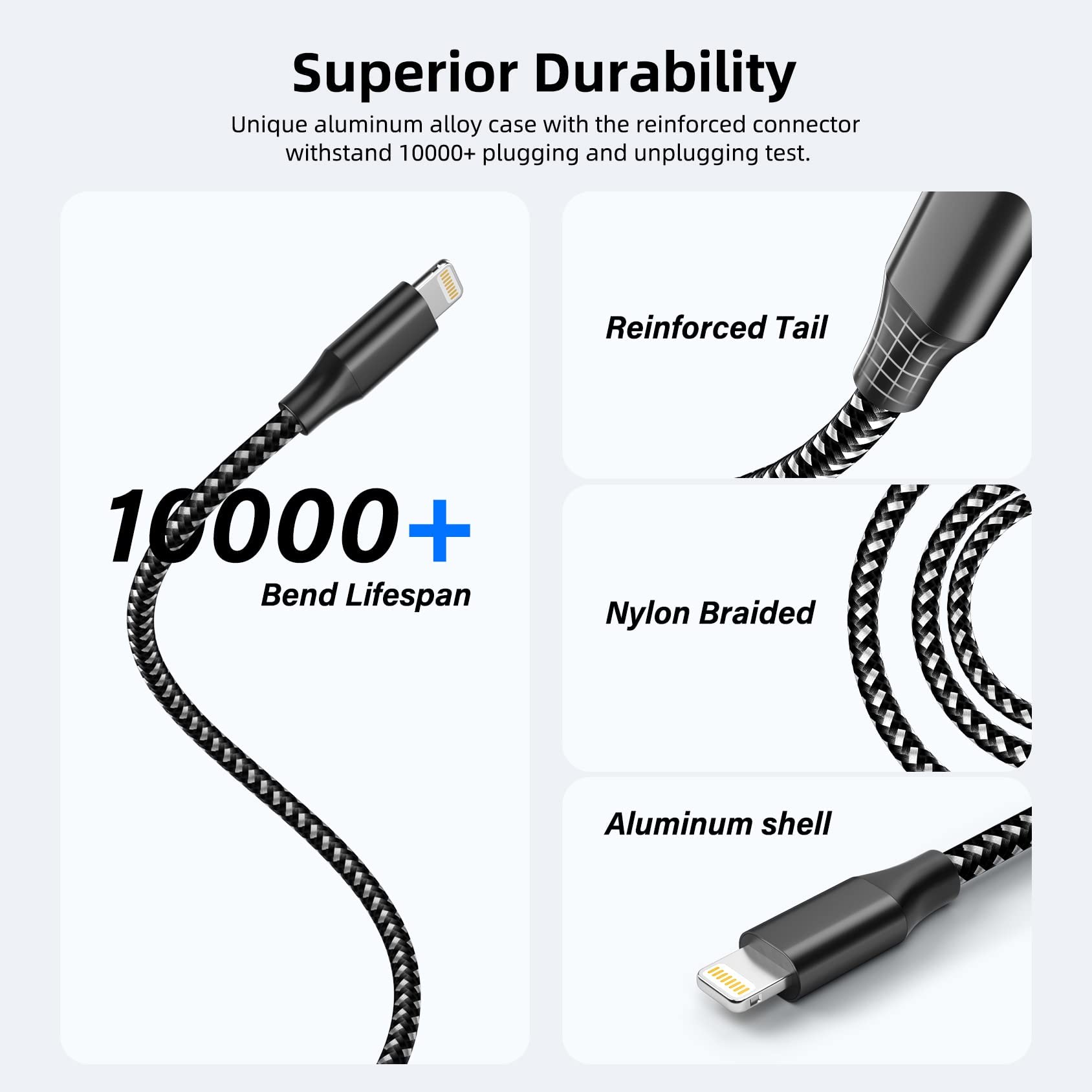iPhone Charger Cable 3Pack 10 ft MFi Certified Lightning Cable Nylon Braided iPhone Cord Fast Charging Syncing Long Cord Compatible with iPhone 13 12 11 Pro XS Max XR X 8 and More (Blackwhite)