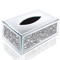 Wocred Rectangular Mirrored Tissue Box Cover,Crystal Crushed Diamond Tissue Box,Silver Luxury Tissue Holders for Either Tissues in a Bathroom or Napkins on a Table.(10”x5.7”x4”)