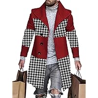 Mens Western Retro Trench Jacket Plaid Woolen Lapel Color Block Winter Formal Coat