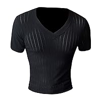 Men's Knitted Polo Shirt Short Sleeve V Neck Hollow Out Mesh Sheer T Shirt Casual Muscle Golf Workout Shirts Top