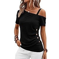 Womens Off Shoulder Tops Summer Asymmetrical Shirts Short Sleeve Button Ruched Blouses 2024