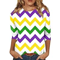 Mardi Gras Shirts for Women Crewneck 3/4 Sleeve Mask Beads New Orleans Party T-Shirt Plus Size Tops for Women