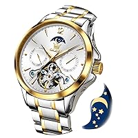 Men's Automatic Mechanical Watch Self Winding Skeleton Tourbillon Moon Phase Luxury Dress Wrist Watches Dual Calendar Waterproof Luminous