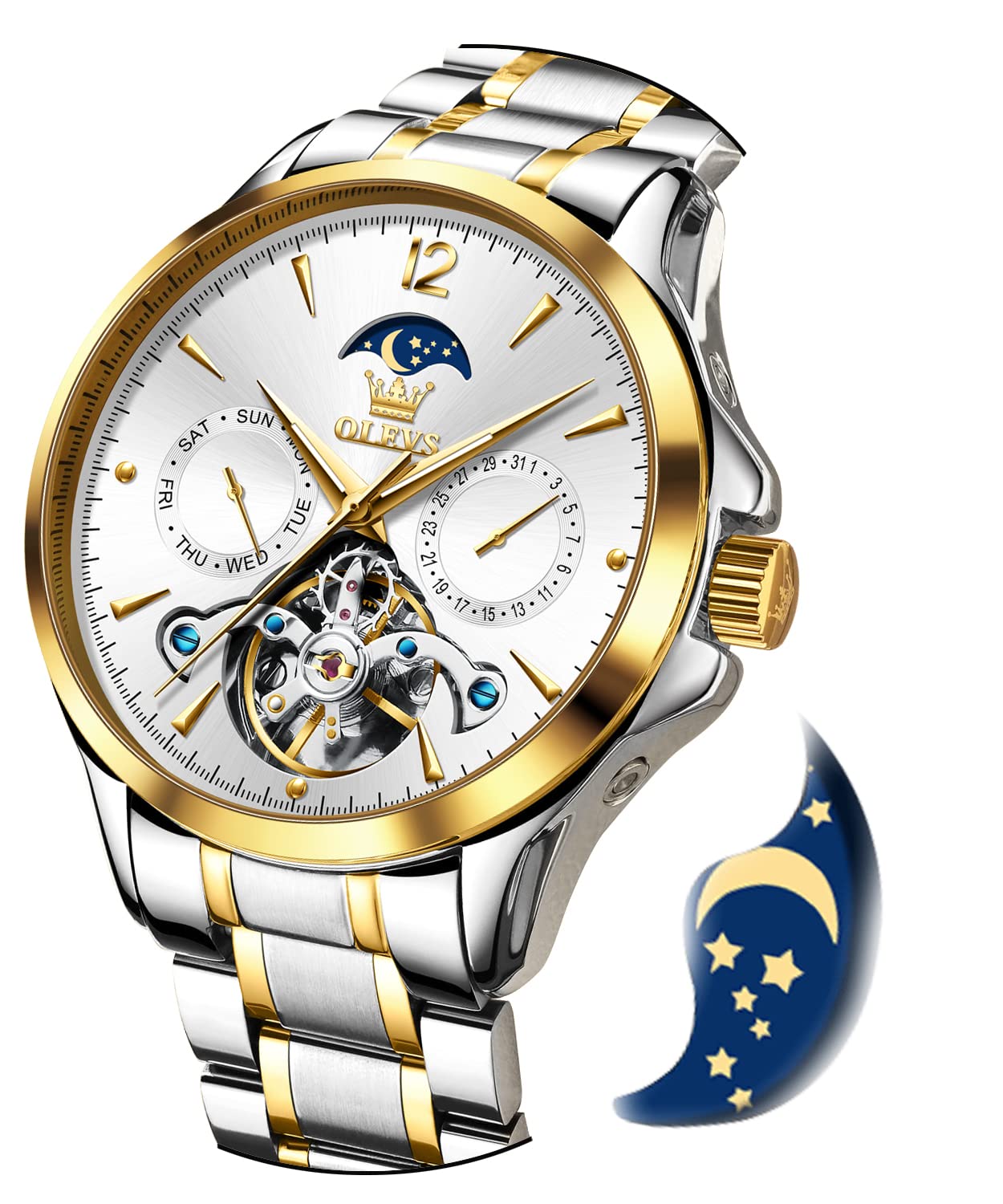 OLEVS Men's Automatic Mechanical Watch Self Winding Skeleton Tourbillon Moon Phase Luxury Dress Wrist Watches Dual Calendar Waterproof Luminous