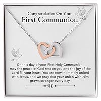 Congratulation On Your First Communion Necklace Gift For Teenage Girl, Interlocking Heart Necklace With A Meaningful Message Card And Box For Her.