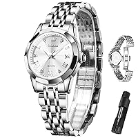 Womens Watch Elegant Dress Diamond Analog Quartz Watch Two Tone Stainless Steel Waterproof Luminous Wristwatch Gift