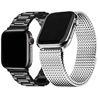 Fullmosa Compatible Stainless Steel Apple Watch Band 44mm/45mm/42mm Black with Case & Compatible Mesh Apple Watch Band 44mm/45mm/42mm with Case,Silver