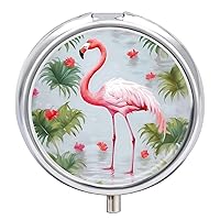 White Flamingo Pill Box 3 Compartment Round Small Pill Case Travel Pillbox for Purse Pocket Metal Medicine Organizer Portable Pill Container Holder to Hold Vitamins Medication Fish Oil And Supplements