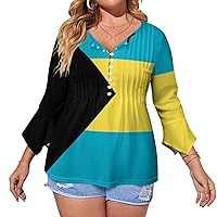 Bahamas Flag Cute Womens T-Shirts 3/4 Sleeve Button Down Tee Tops Blouse Summer Beach