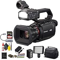 Panasonic AG-CX10 4K Camcorder + Padded Case, Sandisk Extreme Pro 128GB Memory Card, Wire Straps, LED Light, and More (Renewed)