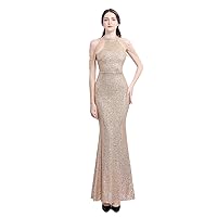 Womens Formal Mermaid Long Evening Prom Gowns Halter Crystals Sleeves Sequins Bridal Party Cocktail Dresses