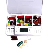 Portable Mini Pill Box Timer with LCD Digital Electric Alarm Medicine Pill Case 2 Grids White Color Two Drawers Divided Plus Memory Fits Large Pills