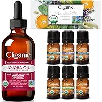 Cliganic Organic Jojoba Oil with Top 6 Organic Essential Oils Set