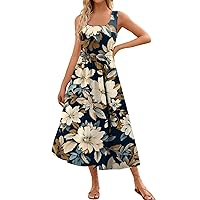 Women's 2024 Summer Maxi Dress Floral Sleeveless Square Neck Flowy Long Beach Elegant Tank Sundresses with Pockets