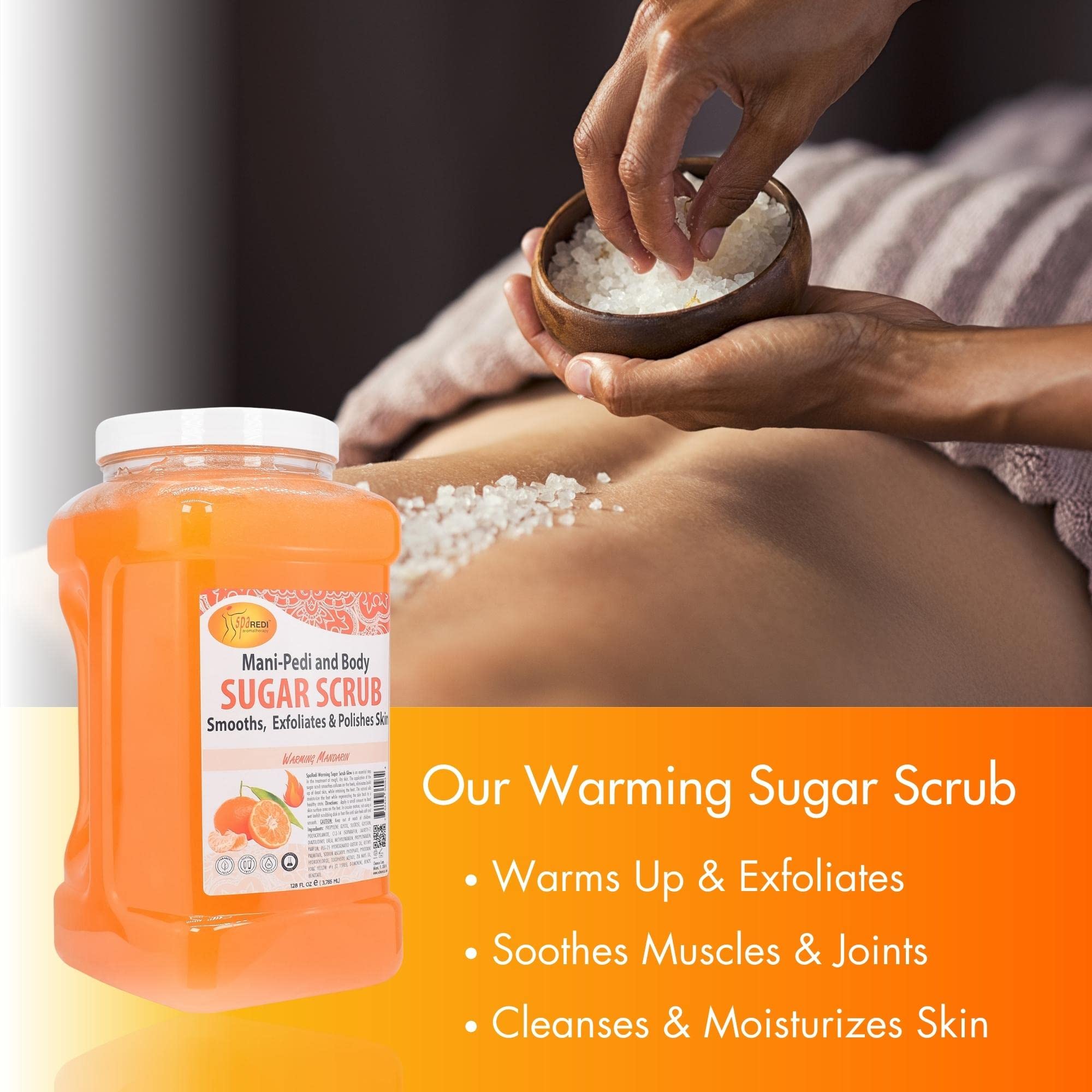 SPA REDI - Sugar Body Scrub, Exfoliating, Mandarin, 128 Oz, Moisturizing, Hydrating and Nourishing, Glow, Polish, Smooth and Fresh Skin - Body Exfoliator