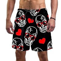 Skull with Red Glasses Heart Quick Dry Swim Trunks Men's Swimwear Bathing Suit Mesh Lining Board Shorts with Pocket, L