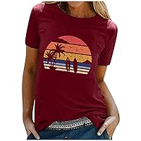 Beach Shirts for Women Coconut Trees Hawaiian Graphic Tee Shirt Sunshine Summer Vacation Vintage Short Sleeve Tops