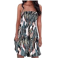 Tube Top Dress for Women Hawaiian Tropical Print Strapless Dresses Beach Cover up Stretch Smocked Sundress