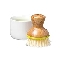 Full Circle Bubble Up Ceramic Soap Dispenser & Bamboo Handle Dish Brush – Replaceable Kitchen Dish Scrubber with Soap Holder, White