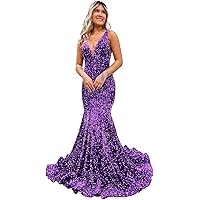 Women's Sequin Prom Dresses Mermaid Long 2024 V Neck Backless Sparkly Formal Evening Party Gowns