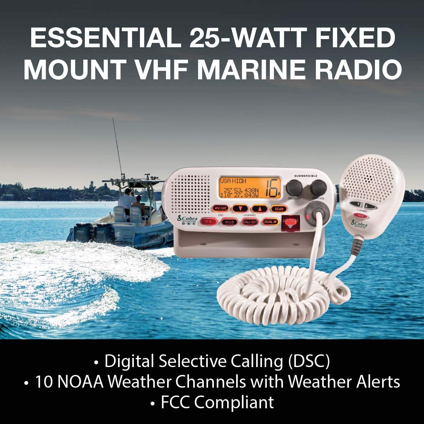 Cobra MR F45-D Fixed Mount VHF Marine Radio – 25 Watt VHF, Submersible, LCD Display, Noise Cancelling Microphone, NOAA Weather Channels, Signal Strength Meter, Scan Channels, White