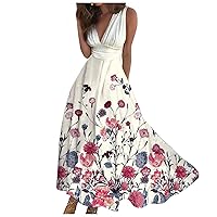 Summer Wedding Guest Dresses for Women, 2024 Sleeveless Dress V Neck Pleated Floral Print Swing Casual Maxi Dresses Puffy Sleeves Women Sexy Birthday Dresses Maxi Dress Casual (M, Beige)