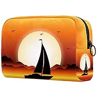 Sunset River Boat Orange Large Makeup Bag Zipper Pouch Travel Cosmetic Organizer For Women And Girls 7.3x3x5.1in