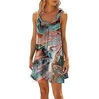 Sundresses for Teens Beach Dress for Women 2024 Summer Print Fashion Sparkly Loose Fit with Sleeveless Round Neck Ruched Dresses Saffron 3X-Large