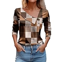 Women's Blouses Casual Fashion Printed Long Sleeve Lapel V Neck Button Pullover Top Blouses, S-3XL
