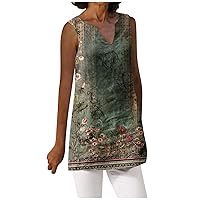 Women's Vintage Floral Tank Top Linen Sleeveless Basic V Neck Blouse Loose Shirts Tank Tops for Women Casual Summer