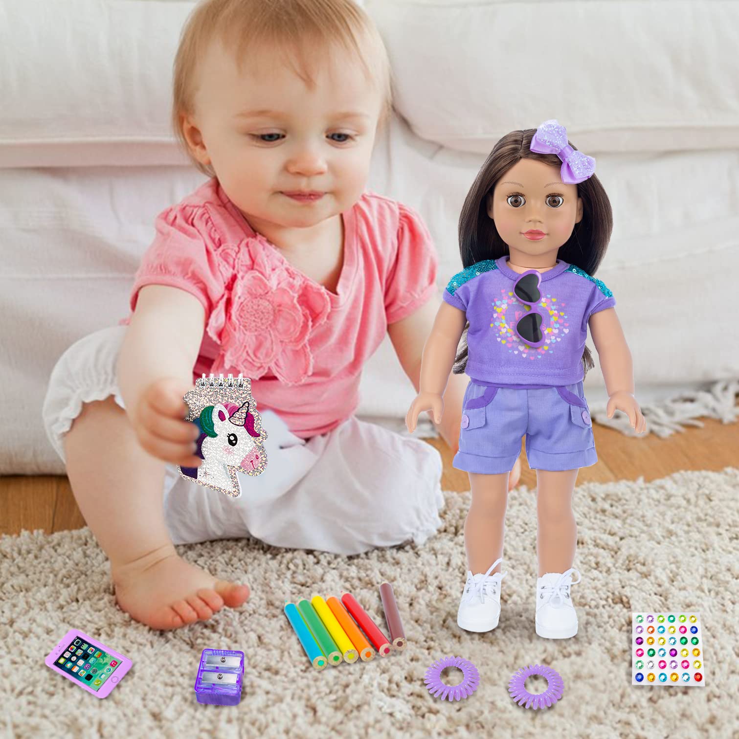 18 Inch Girl Doll Clothes and Accessories School Supplies Playset with Doll Clothes,School Bags, Sunglasses, Pencils, Pencil Sharpener, Notebooks, Phone, Hair Clip, Stickers （No Doll）