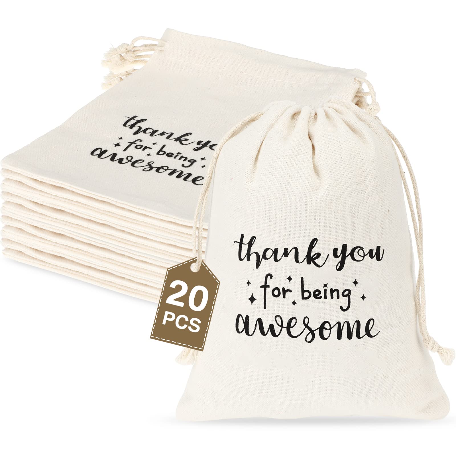 Fumete 20 Pcs Gift Drawstring Bags for Employee Coworker Colleague, Thank You for Being Awesome Bags, Thank You Drawstring Gift Bags Lovely Bag for Thanksgiving Christmas(White & Black, 5 x 7 Inch)