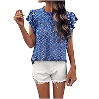 Ruffle Sleeve Tops for Women Elegant Boho Floral Print Pleated Crew Neck Blouses Dressy Casual Cute Loose Short Sleeve Shirts