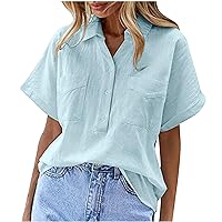Women Cotton Linen Golf Shirts Lapel Button V Neck Short Sleeve Blouses Summer Casual Dressy Henley T-Shirts Pockets