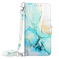 Compatible with Case for iPhone SE 3rd Generation, iPhone 7 Case Marble Leather Wallet Flip Cases Cover with Credit Card Holder for Women Green with Long Crossbody Lanyard and Wrist Strap
