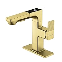 Gold LED Bathroom Sink Faucet,Gold Bathroom Faucet with Pull Out Sprayer,Temperature Digital Display Single Handle RV Bath Vanity Faucets for 1 or 3 Hole