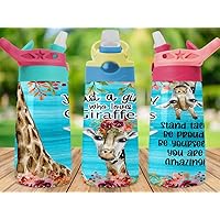 Just A Girl Who Loves Giraffes #2 12oz Stainless Steel Kids Tumbler, Girls, Stand Tall Be Proud Be Yourself You Are Amazing, Flowers, Gift, Keeps Drink Cold or Hot (Blue & Yellow Lid)