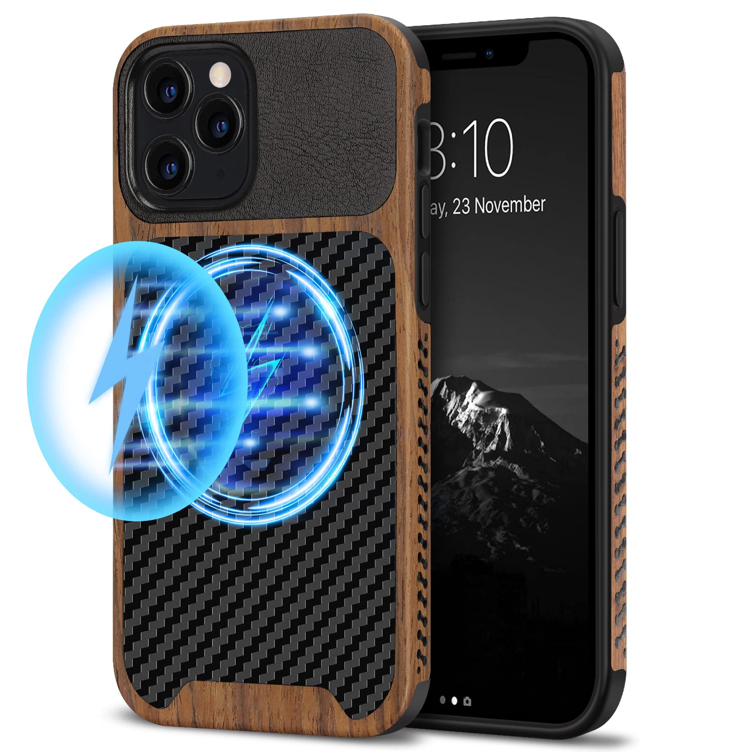 TENDLIN Magnetic Case Compatible with iPhone 12 Pro Case/iPhone 12 Case Wood Grain with Carbon Fiber Texture Design Leather Hybrid Slim Case (Compatible with MagSafe) Black