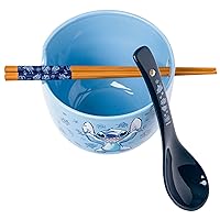 Silver Buffalo Disney Lilo and Stitch Hands Up Leaves and Flowers Ceramic Ramen Noodle Rice Bowl with Chopsticks and Spoon, Microwave Safe, 20 Ounces